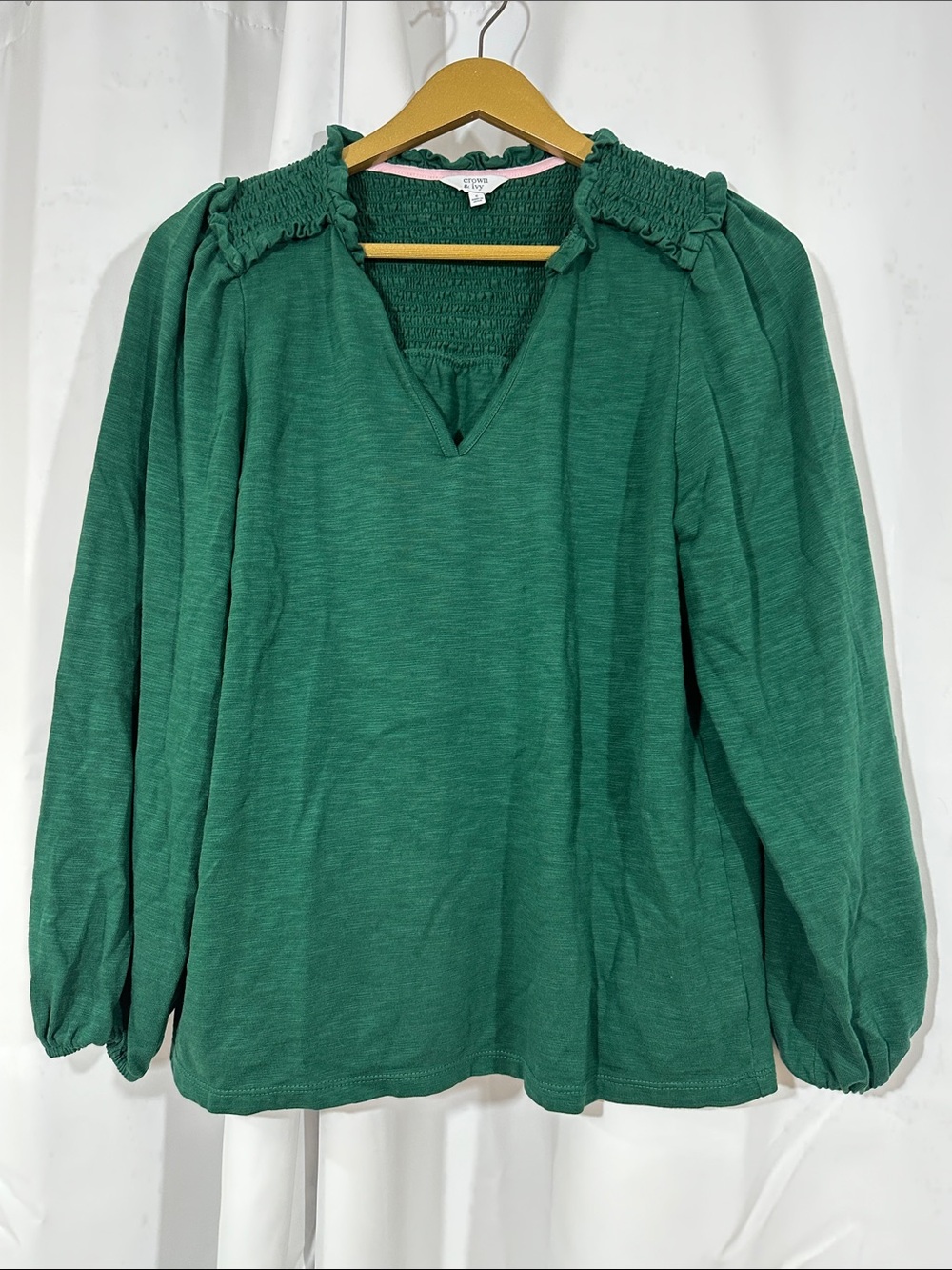 Crown & Ivy Green Smocked Ruffle Neck Peasant Top Size Small